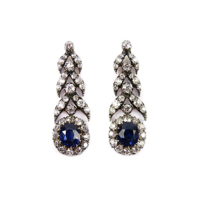 Pair of sapphire and diamond pendant earrings | MasterArt